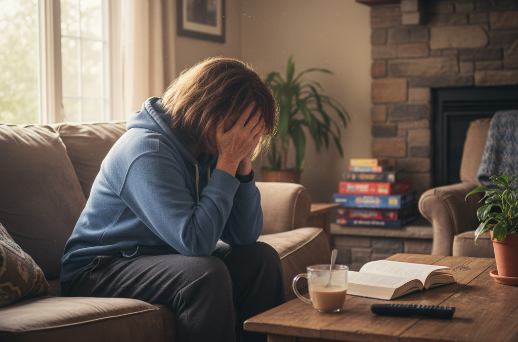 Middle-aged woman caregiver experiencing burnout sitting alone
