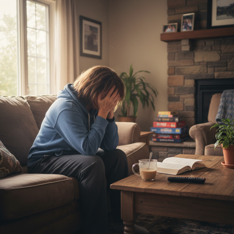 Middle-aged woman caregiver experiencing burnout sitting alone