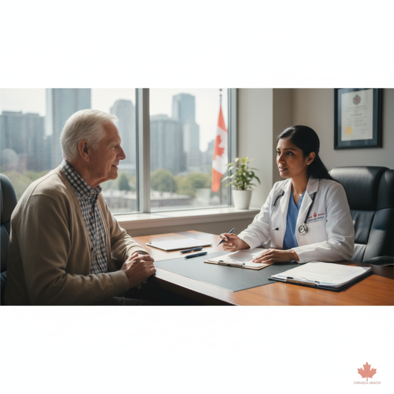 Elderly man sitting across desk from healthcare professional during capacity assessment