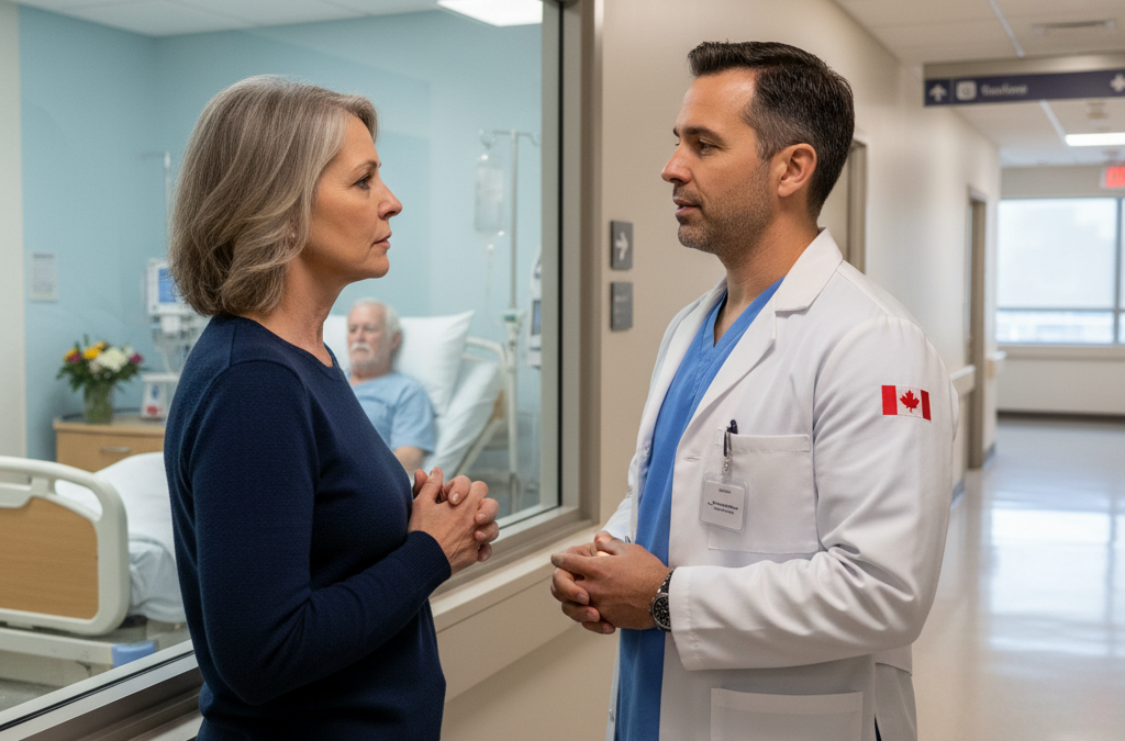 Adult daughter discussing care decisions with doctor as substitute decision maker