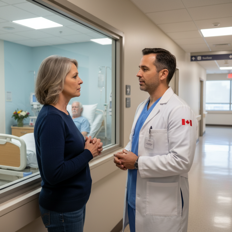 Adult daughter discussing care decisions with doctor as substitute decision maker