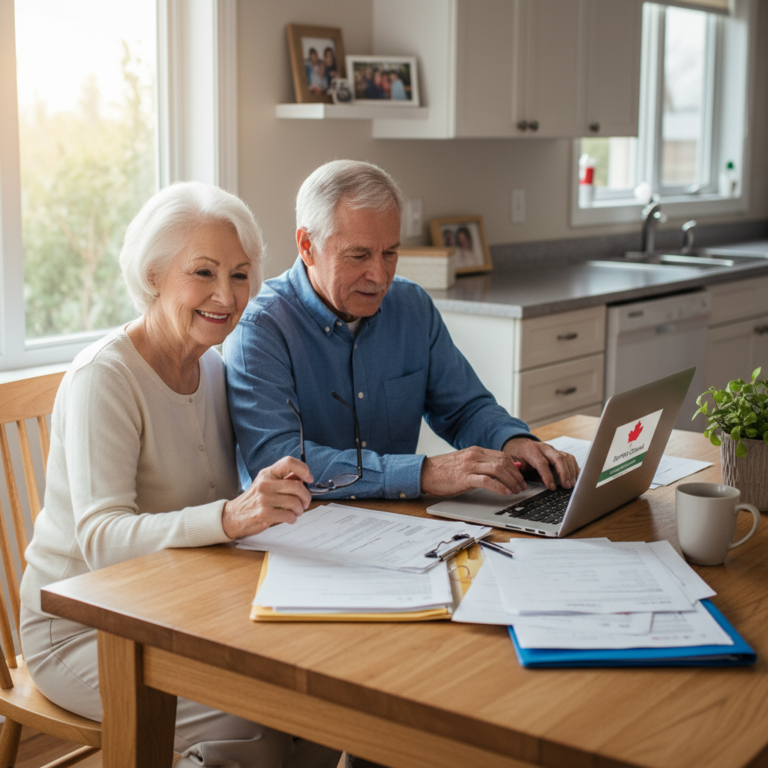 Elderly couple at kitchen table researching government benefits for seniors