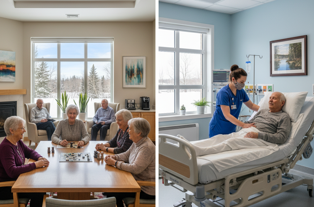 Split view of retirement home social area and long-term care nursing setting