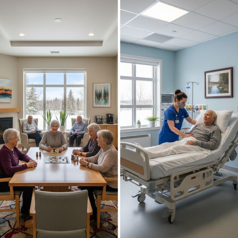 Split view of retirement home social area and long-term care nursing setting