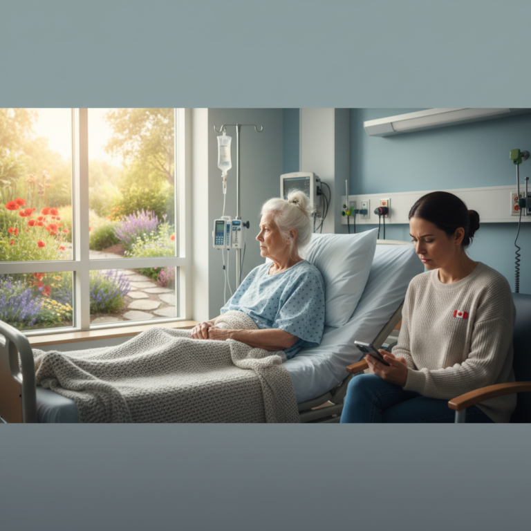 Elderly woman in hospital bed looking out window while waiting for long-term care placement