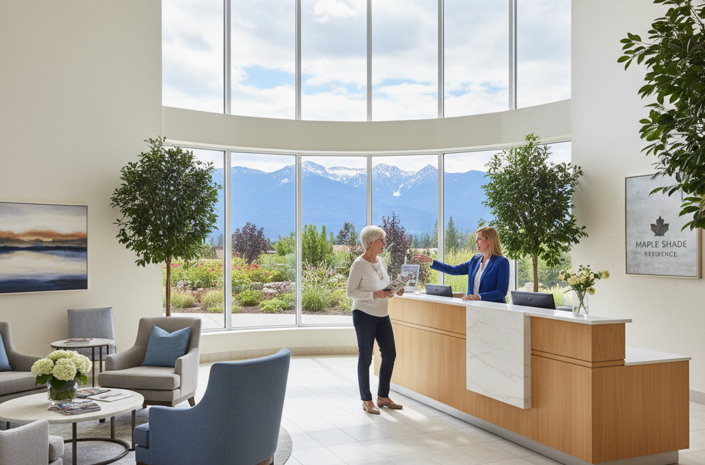 Senior couple on a tour of a modern retirement home lobby in Ontario