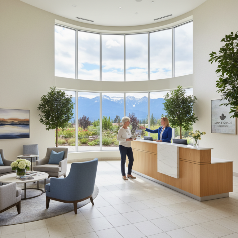 Senior couple on a tour of a modern retirement home lobby in Ontario