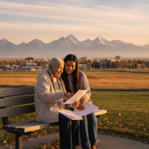 Elderly woman and granddaughter reviewing government benefits paperwork on park bench with Rocky Mountains