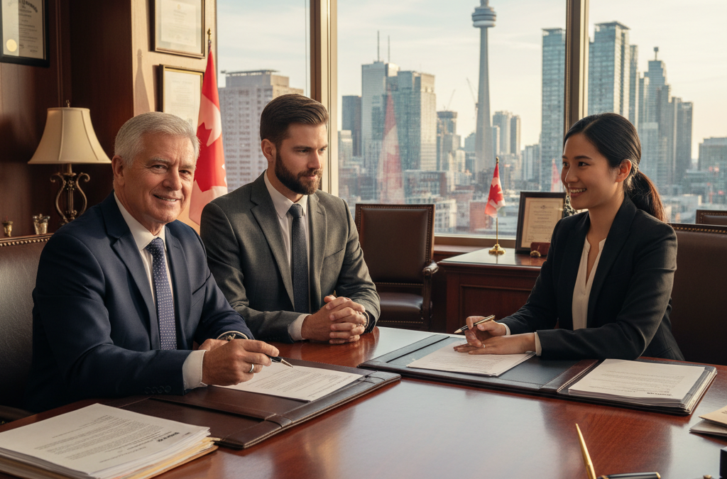 Elderly father and adult son signing power of attorney documents with a lawyer