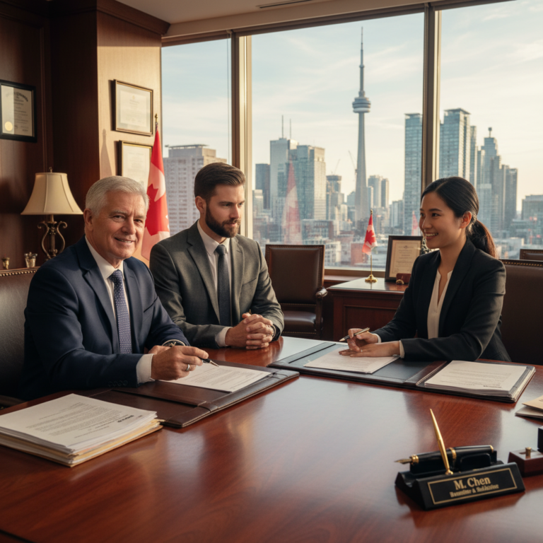 Elderly father and adult son signing power of attorney documents with a lawyer