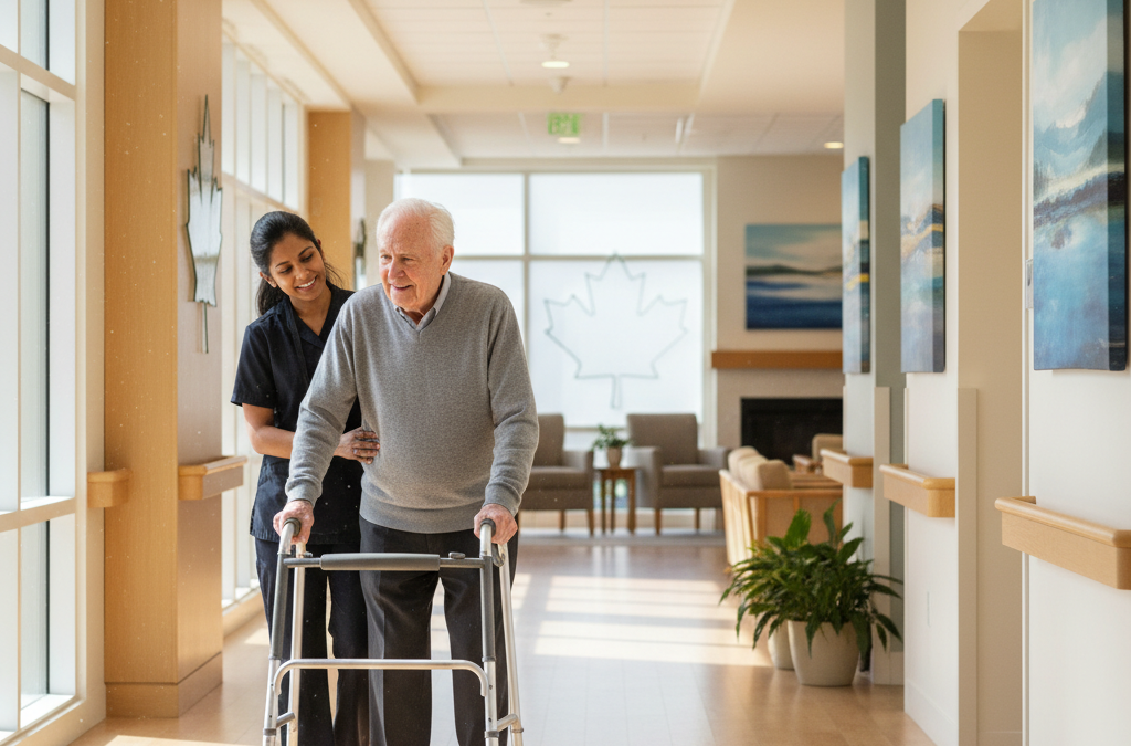 Elderly man receiving care in a bright long-term care facility