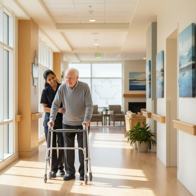Elderly man receiving care in a bright long-term care facility