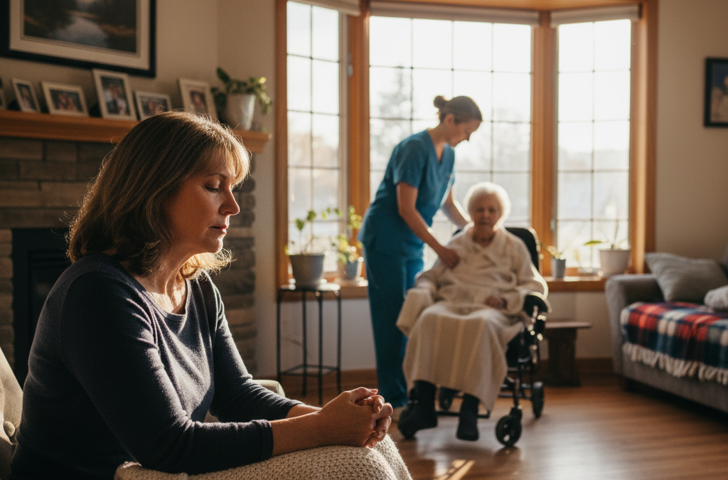 Exhausted caregiver resting while respite care worker helps her elderly parent