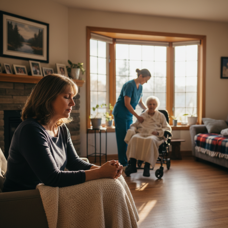 Exhausted caregiver resting while respite care worker helps her elderly parent