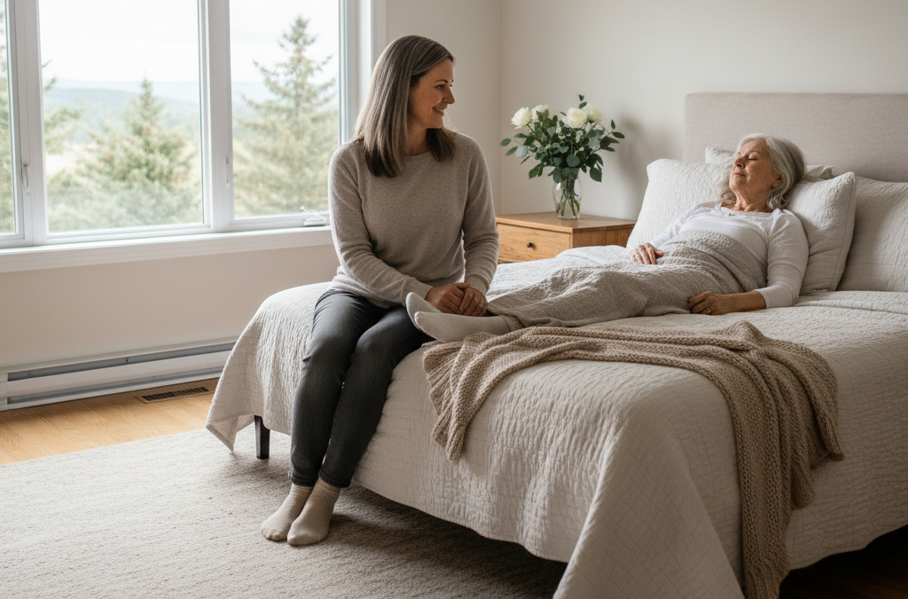 Peaceful palliative care scene with daughter holding her mothers hand
