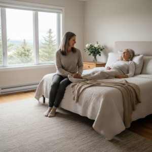 Peaceful palliative care scene with daughter holding her mothers hand