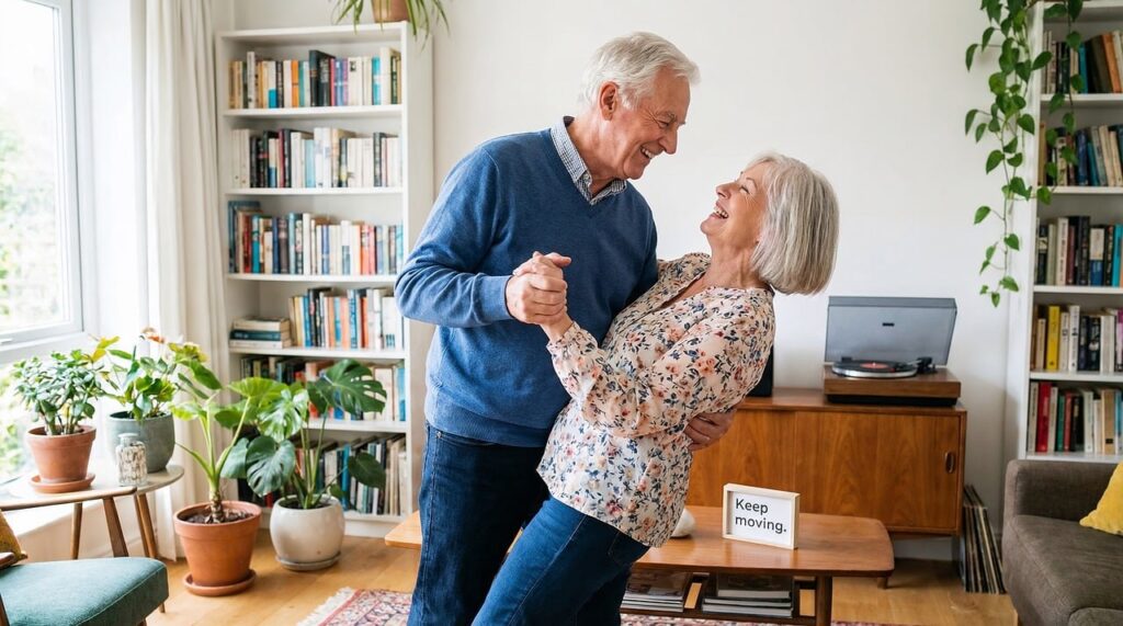 Older couple dancing together in their living room with bookshelves and plants