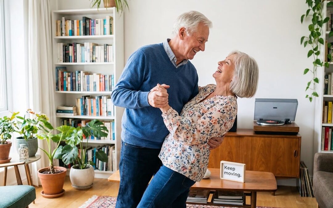 Older couple dancing together in their living room with bookshelves and plants