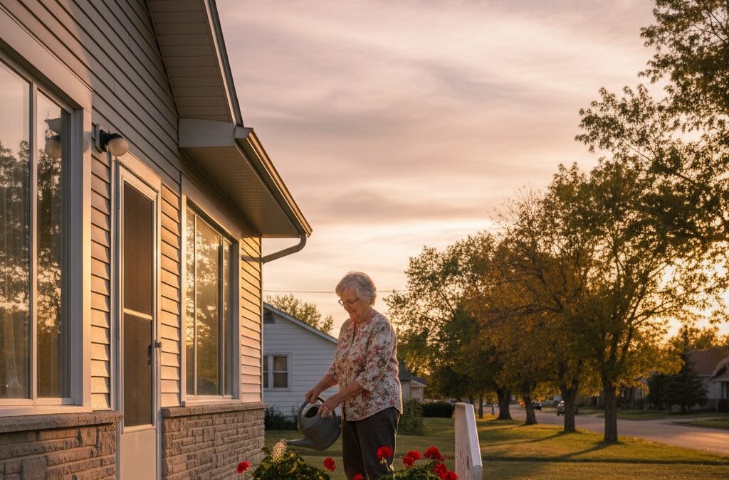 Senior woman on the porch of her Alberta bungalow — aging in place in Alberta