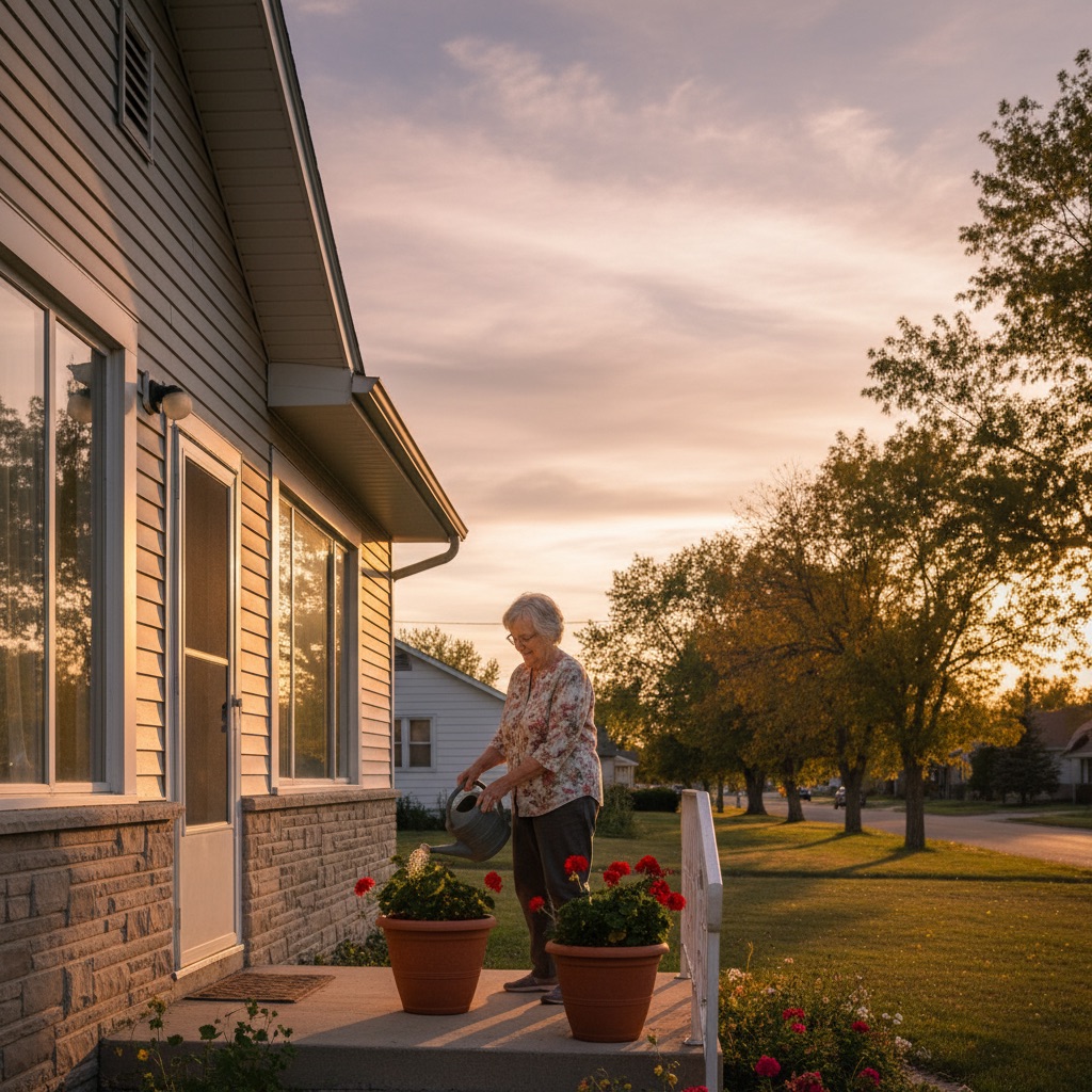 Senior woman on the porch of her Alberta bungalow — aging in place in Alberta