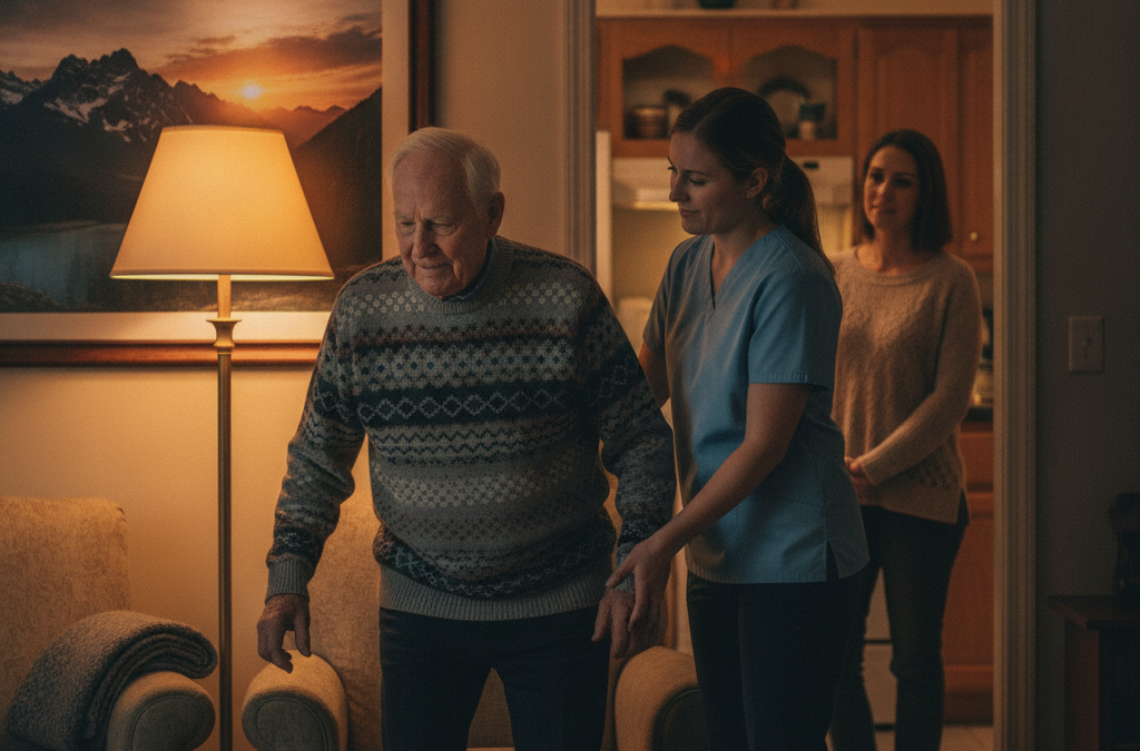 Professional caregiver helping a senior man at home in the evening, 24-hour home care