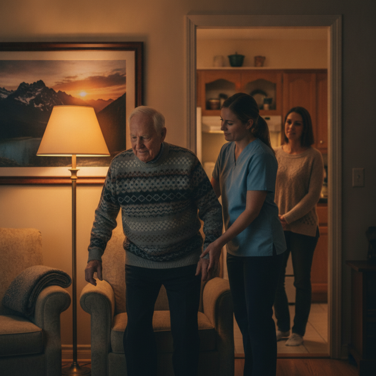 Professional caregiver helping a senior man at home in the evening, 24-hour home care