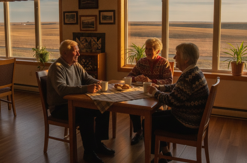 Seniors having coffee together in an Alberta seniors lodge common room