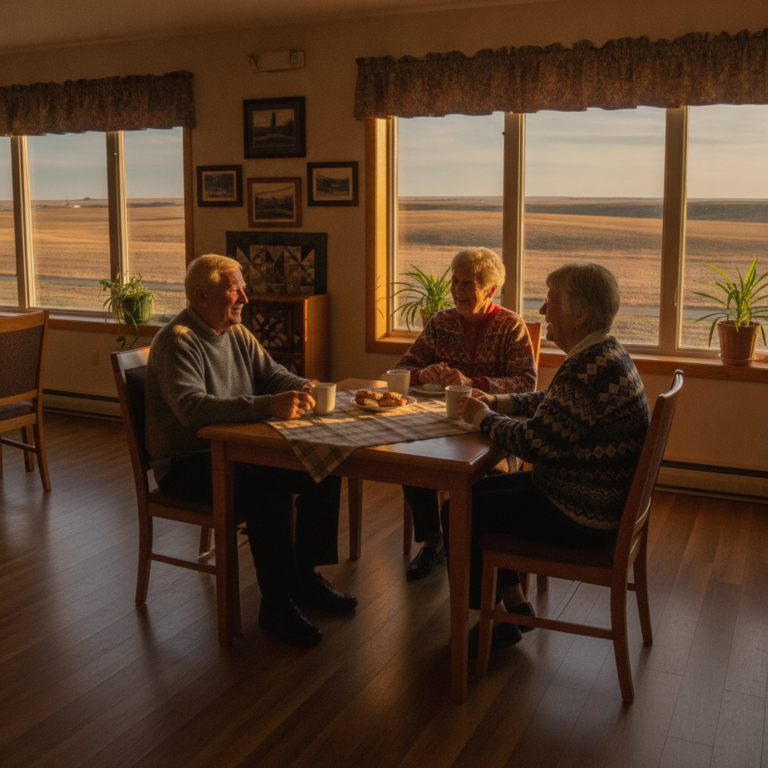 Seniors having coffee together in an Alberta seniors lodge common room
