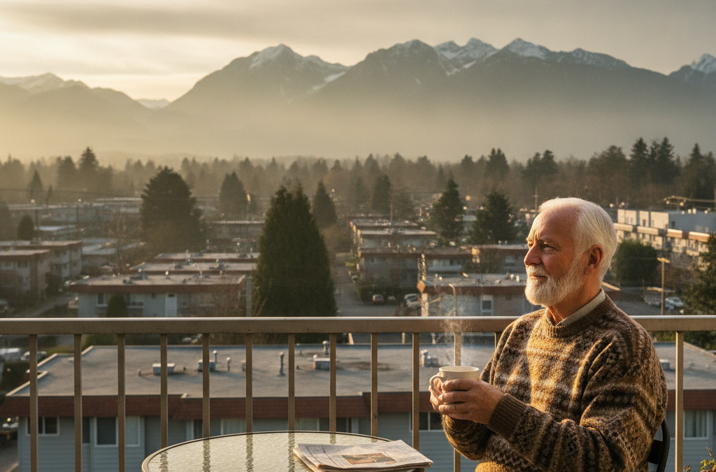 Senior man having coffee on the balcony of an affordable apartment building in BC