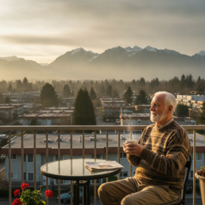 Senior man having coffee on the balcony of an affordable apartment building in BC