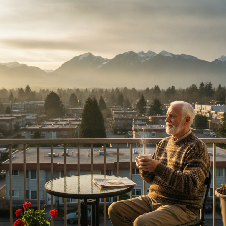 Senior man having coffee on the balcony of an affordable apartment building in BC