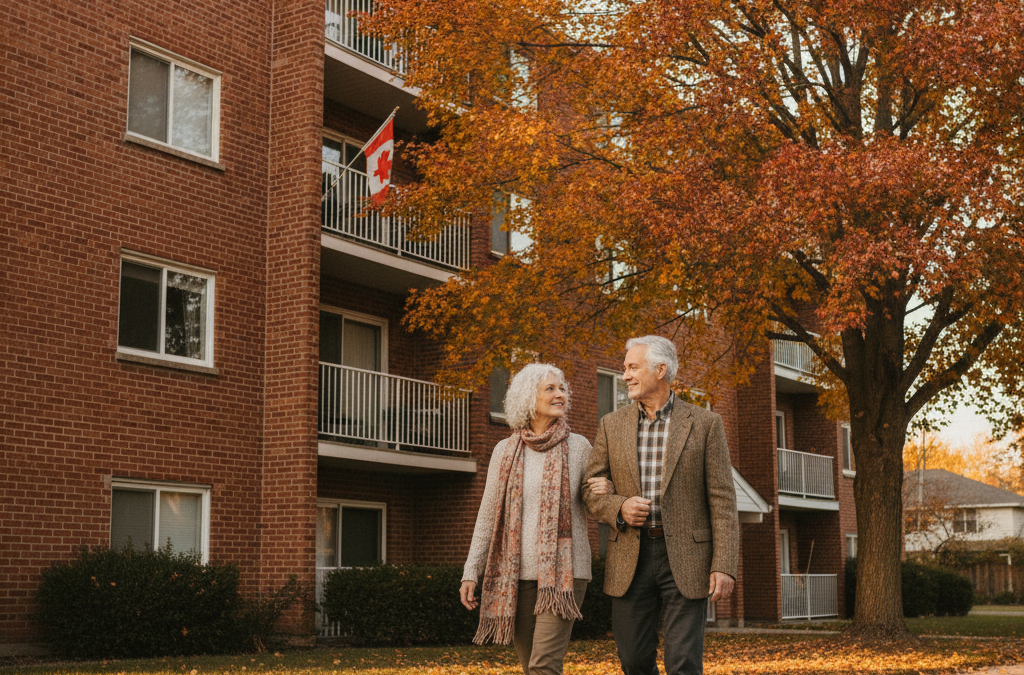 Senior couple walking outside an affordable apartment building in Canada