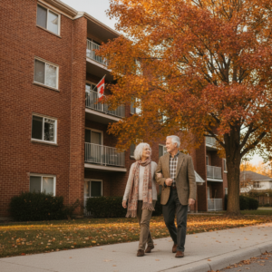 Senior couple walking outside an affordable apartment building in Canada