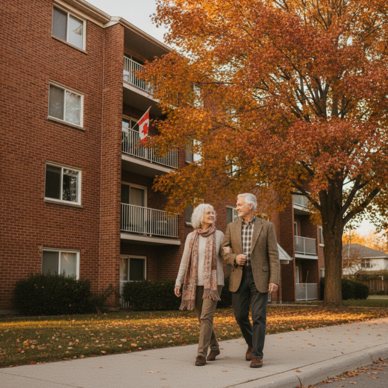 Senior couple walking outside an affordable apartment building in Canada