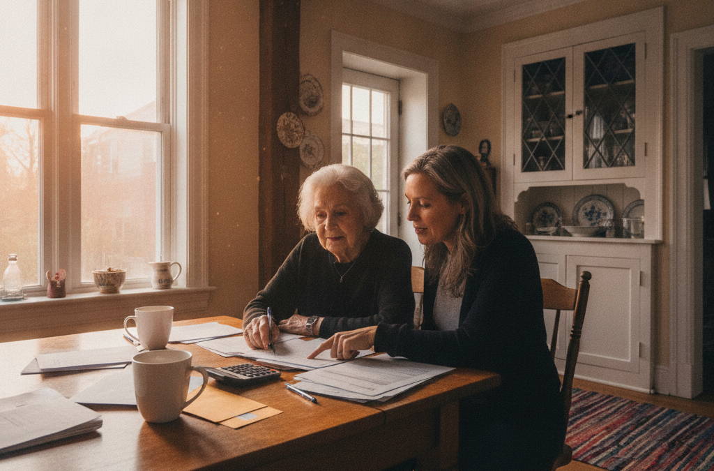 Senior woman and her daughter reviewing Quebec seniors benefits paperwork at a kitchen table
