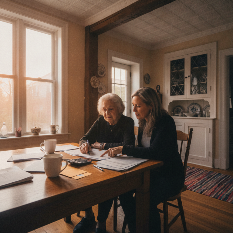 Senior woman and her daughter reviewing Quebec seniors benefits paperwork at a kitchen table