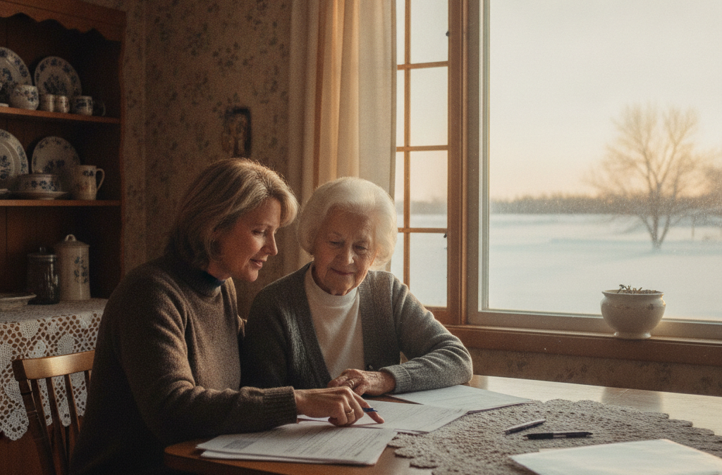 Adult daughter helping her elderly mother with benefit paperwork at a kitchen table in Manitoba
