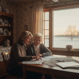 Adult daughter helping her elderly mother with benefit paperwork at a kitchen table in Manitoba