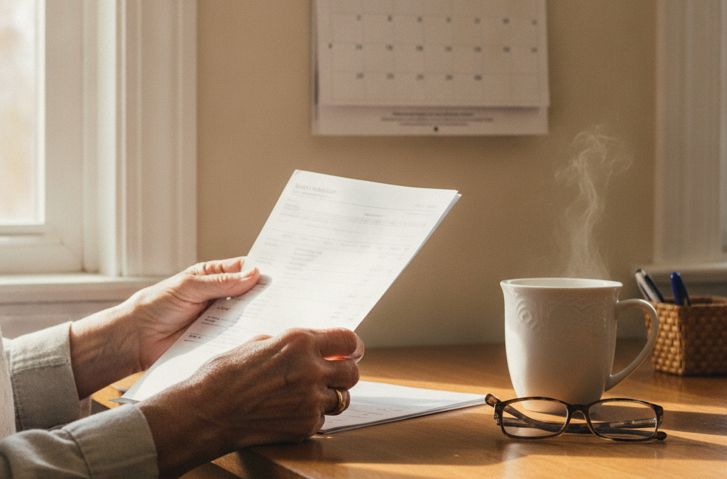 Senior woman checking a bank statement next to a wall calendar at her kitchen table