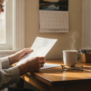 Senior woman checking a bank statement next to a wall calendar at her kitchen table