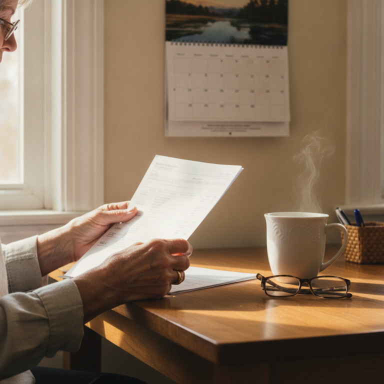 Senior woman checking a bank statement next to a wall calendar at her kitchen table