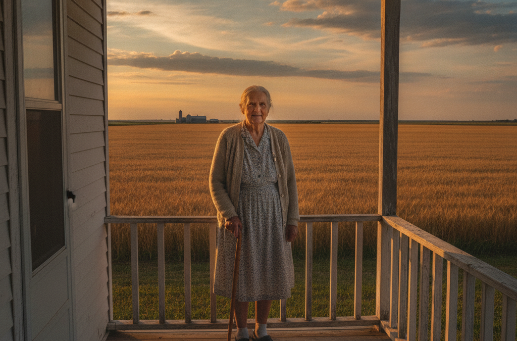 Senior woman standing on the porch of a Saskatchewan farmhouse at sunset