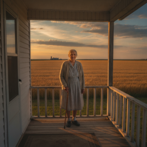 Senior woman standing on the porch of a Saskatchewan farmhouse at sunset