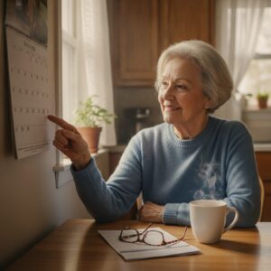 Senior woman checking CPP payment dates on a kitchen wall calendar