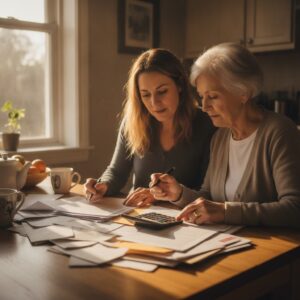 Adult daughter helping her mother sort tax paperwork that renews her Guaranteed Income Supplement
