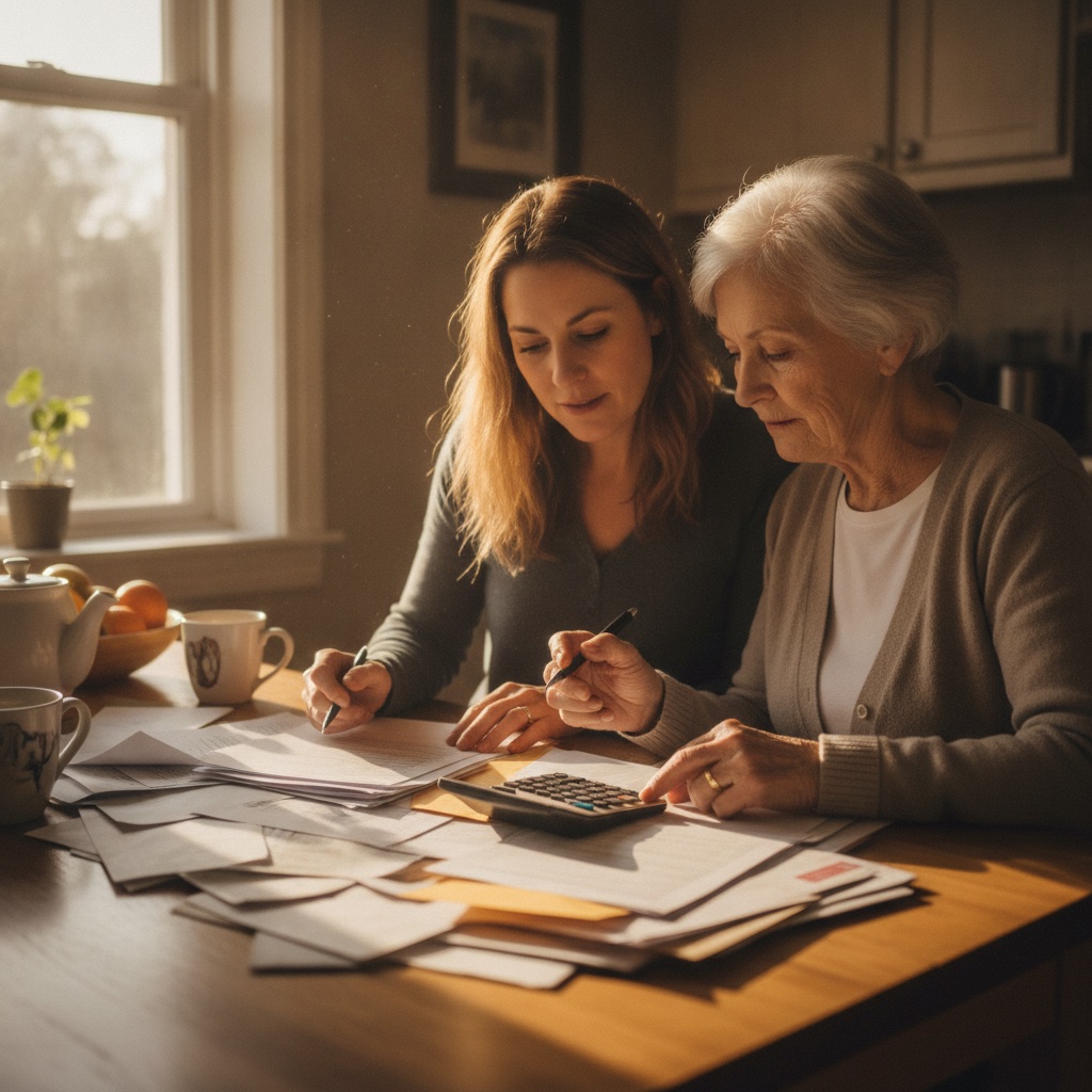 Adult daughter helping her mother sort tax paperwork that renews her Guaranteed Income Supplement