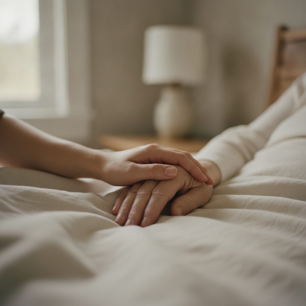 A younger hand resting over an older person's hand on a bed
