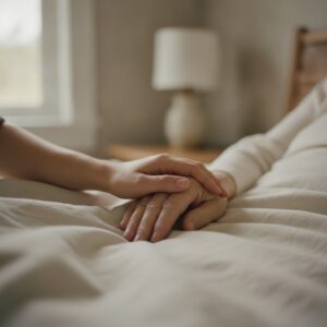 A younger hand resting over an older person's hand on a bed