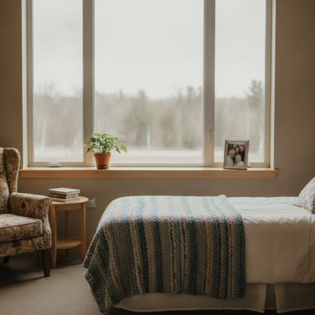A bright long-term care resident room with a knitted blanket and a family photo on the windowsill