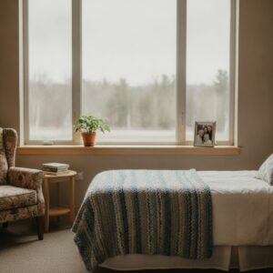 A bright long-term care resident room with a knitted blanket and a family photo on the windowsill
